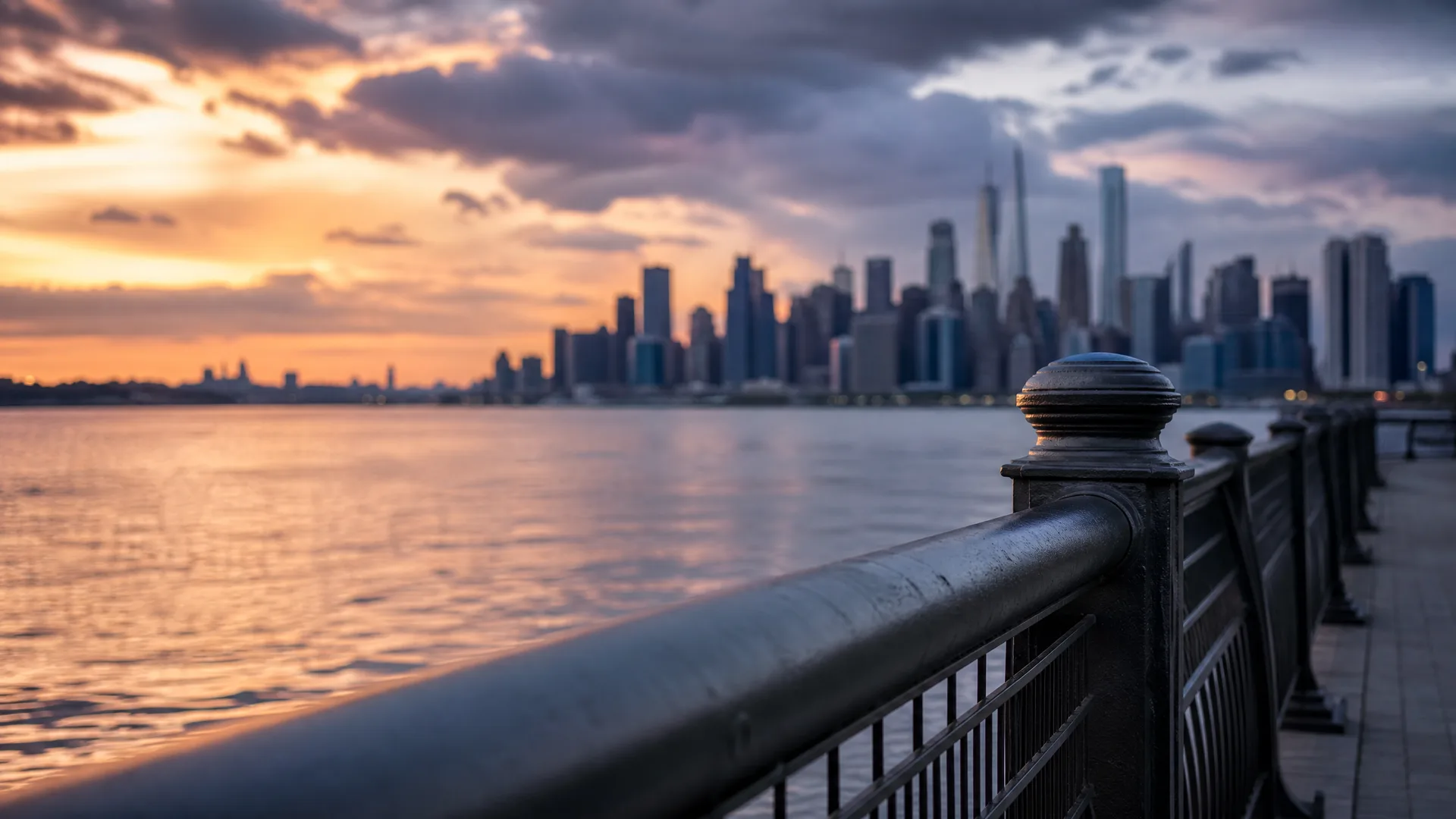 A metal railing along a paved waterfront walkway in the foreground, with calm water and a distant city skyline under cloudy sky at sunset.